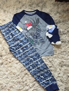 Kids Navy & Gray Moose Holiday Pajama Set with Cozy Socks